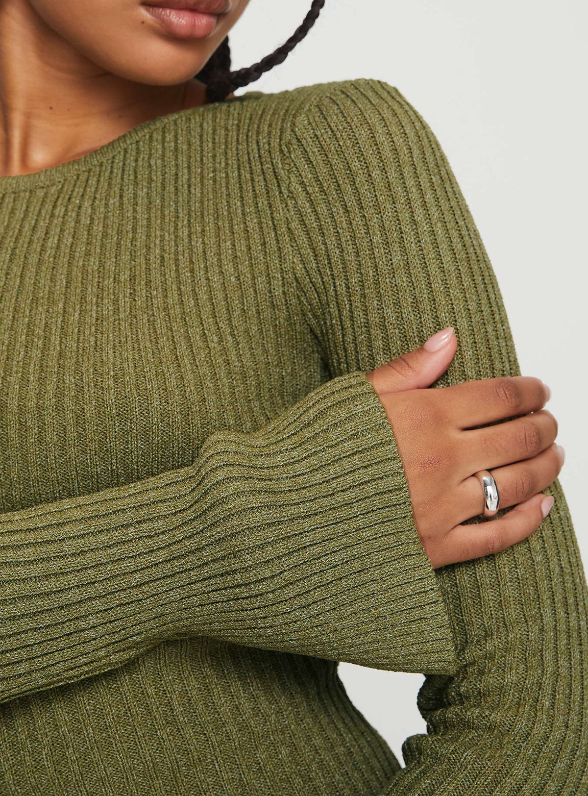 back view of model wearing Princess Polly Osment Long Sleeve Knit Mini Dress Olive Boat Neck 