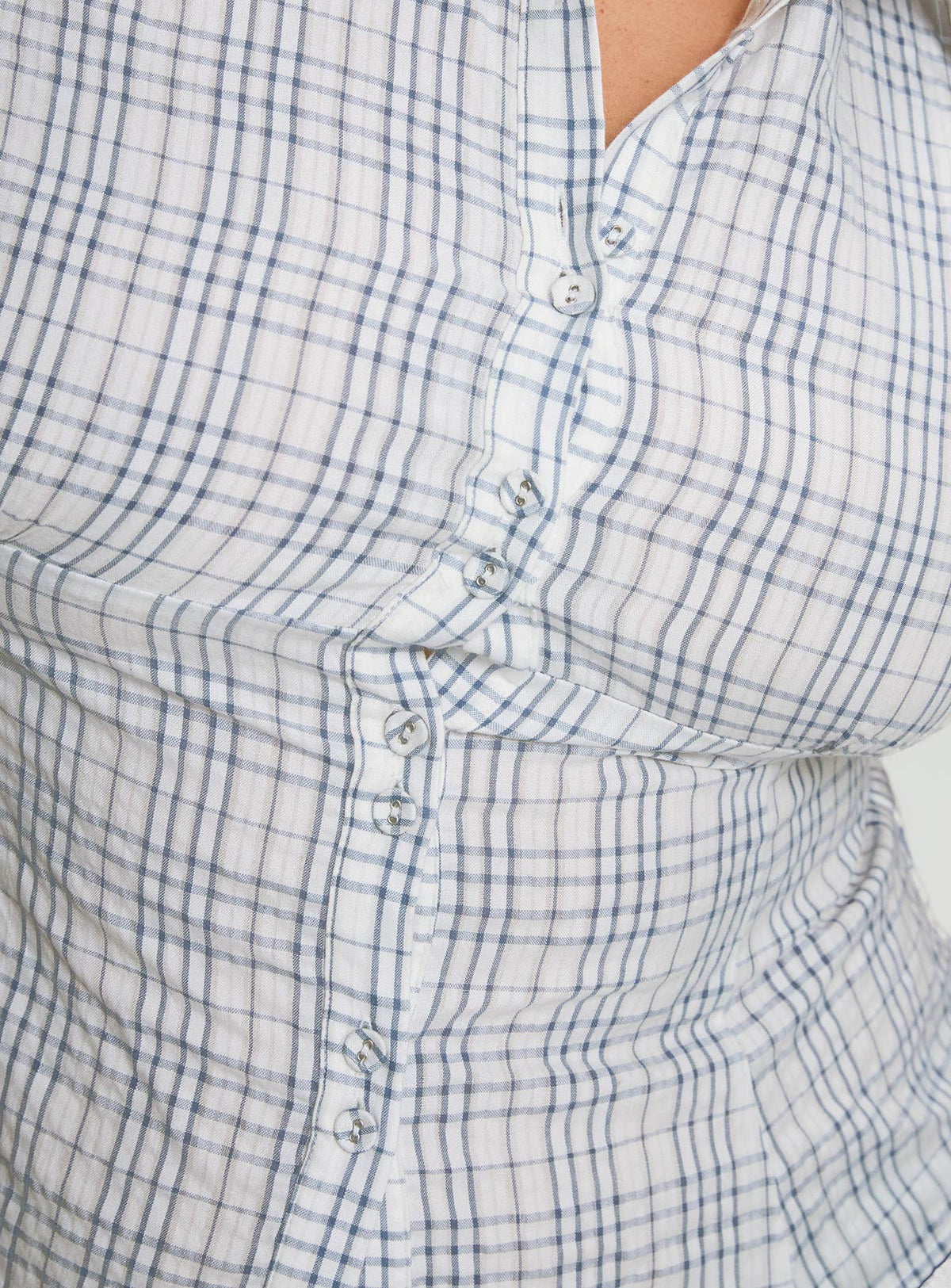 product Princess Polly Cottesloe Blouse Top Blue Check Curve Short Sleeves V-Neck 