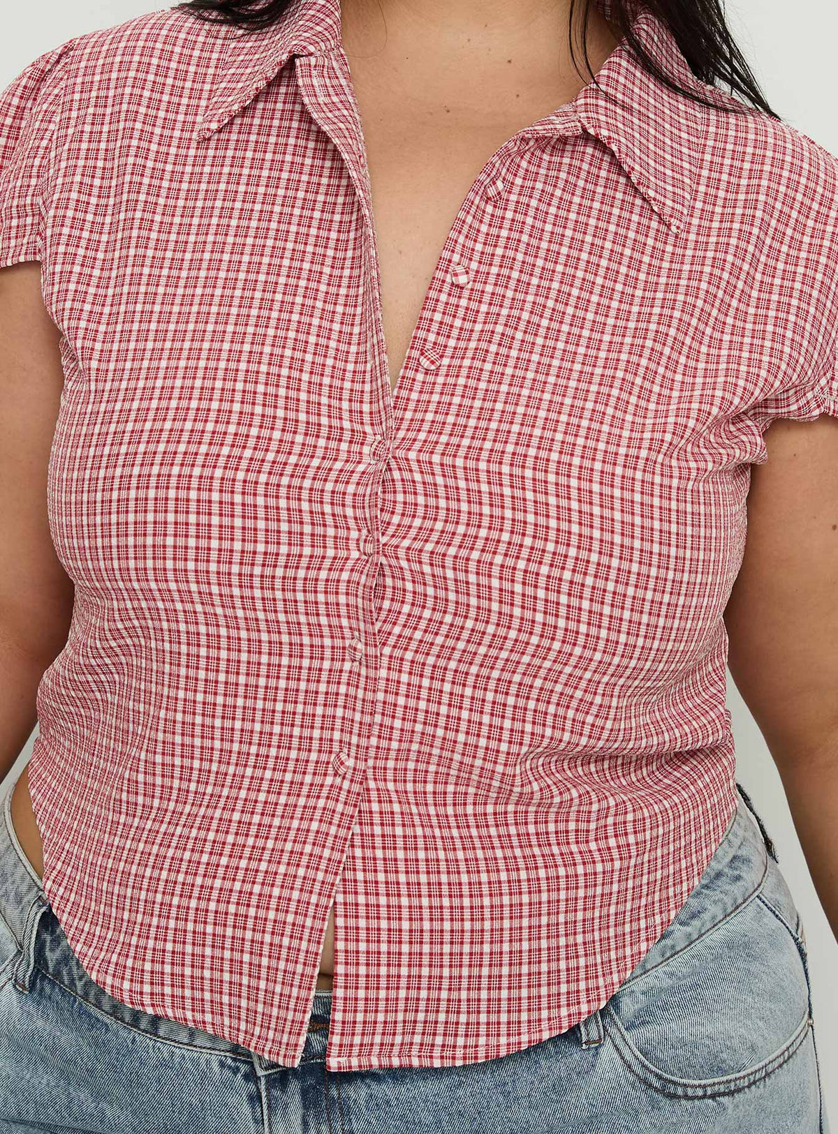 Float Away Button Up Top Red Check Curve