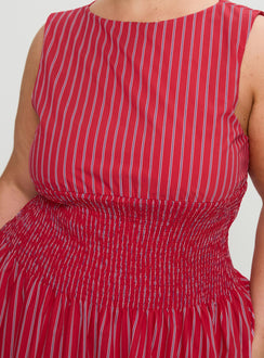 back view of model wearing Princess Polly Lilienne Cotton Poplin Maxi Dress Red Stripe Curve Crew Neck 