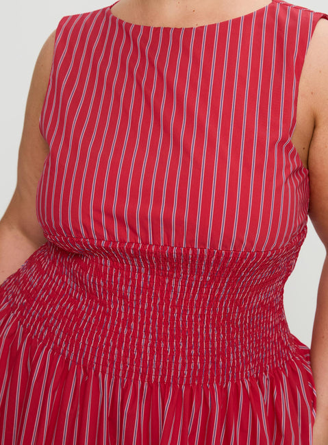 back view of model wearing Princess Polly Lilienne Cotton Poplin Maxi Dress Red Stripe Curve Crew Neck 