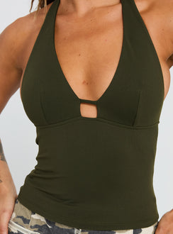 back view of model wearing Princess Polly Impress Me Halter Top Green Sleeveless Plunger 