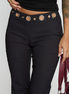 back view of model wearing Princess Polly True Grit Eyelet Flare Pants Grey Mid Rise Pants Pants 