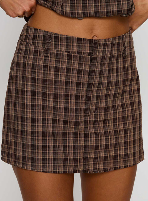 back view of model wearing Princess Polly Meggan Mini Skirt Chocolate Check Mini Skirts Skirts 