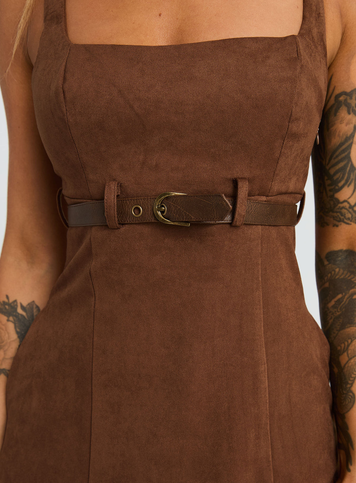 back view of model wearing Princess Polly Way Back In Faux Suede Mini Dress Brown Square Neck 