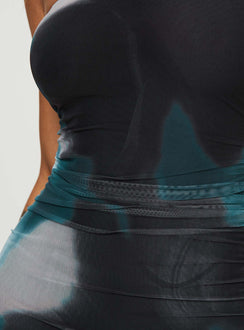 back view of model wearing Princess Polly Micah Mini Dress Navy Multi Straight Neck 