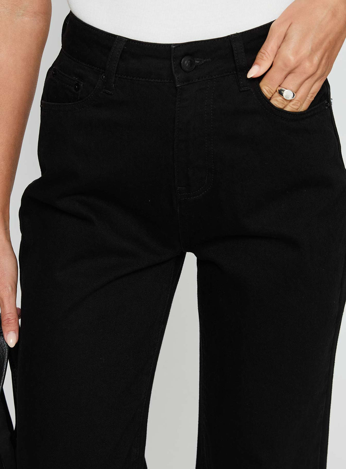 back view of model wearing Princess Polly Henesey High Rise Straight Leg Jeans Jet Black High Rise Jeans Jeans 
