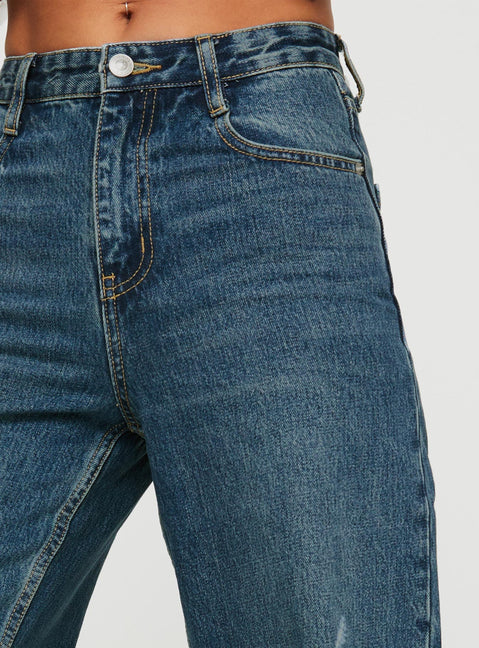 back view of model wearing Princess Polly Beetle High Rise Wide Leg Ripped Jeans Mid Wash Mid Rise Jeans Jeans 
