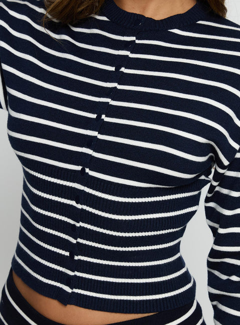 back view of model wearing Princess Polly Head In The Clouds Cardigan Navy Stripe Cropped Jumpers Jumpers 