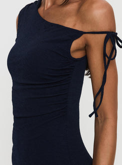 back view of model wearing Princess Polly Paislee Asymmetrical Maxi Dress Navy Asymmetric Neckline 