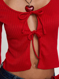 back view of model wearing Princess Polly Rowynne Long Sleeve Tie Up Top Red Full Sleeves Scoop Neck 