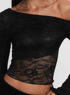 back view of model wearing Princess Polly Tiberius Lace Asymmetrical Long Sleeve Top Black Full Sleeves Asymmetric Neckline 