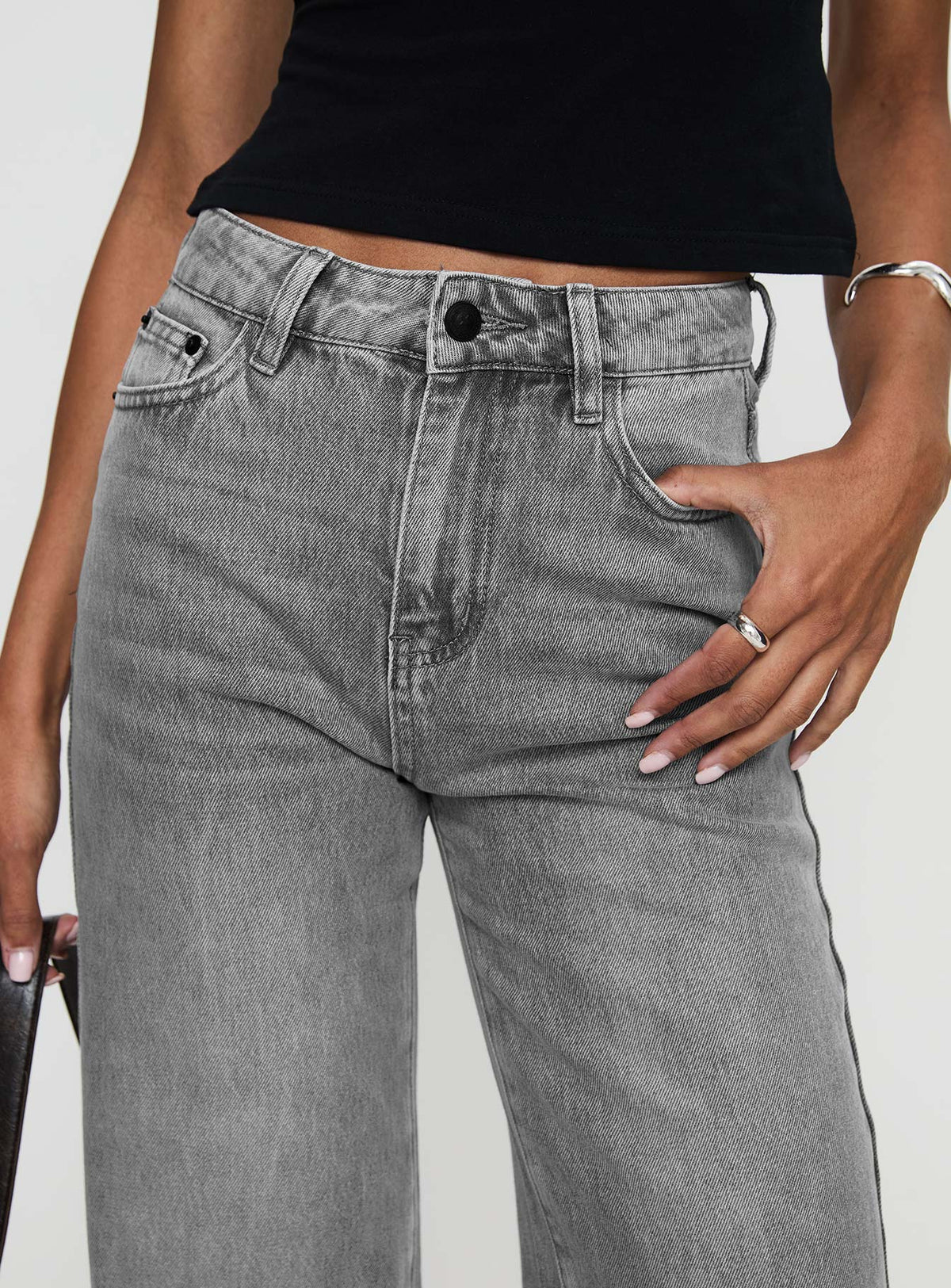 back view of model wearing Princess Polly Henesey High Rise Straight Leg Jeans Washed Grey High Rise Jeans Jeans 