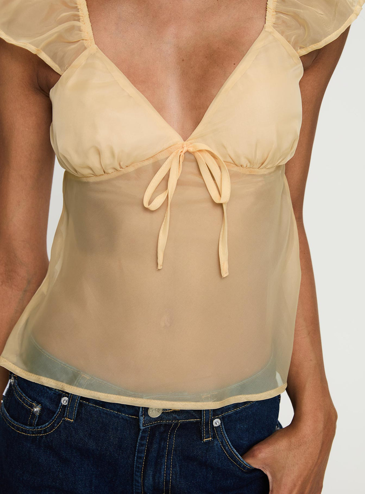 back view of model wearing Princess Polly Keysia Cap Sleeve Sheer Top Apricot Short Sleeves Plunger 