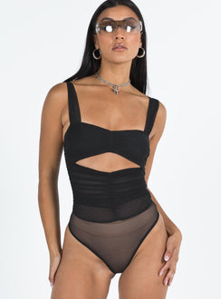 front view of model wearing Princess Polly Kalmia Bodysuit Black Sleeveless Bodysuit 