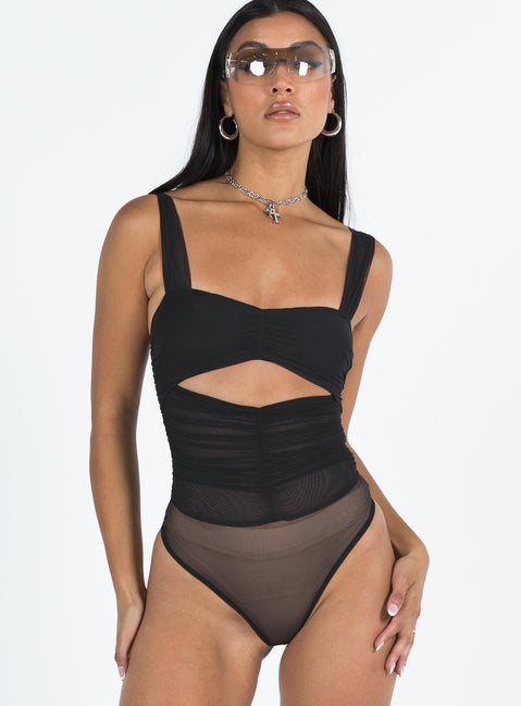 front view of model wearing Princess Polly Kalmia Bodysuit Black Sleeveless Bodysuit 
