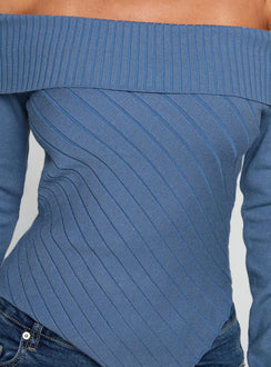 back view of model wearing Princess Polly Brisa Long Sleeve Top Blue Full Sleeves straight 