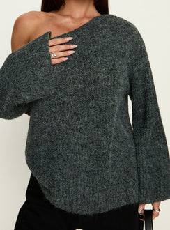 Crafted from the Delyn Off Shoulder Slouchy Knit Sweater in Black Marle, a womens jumper with short length product Princess Polly
