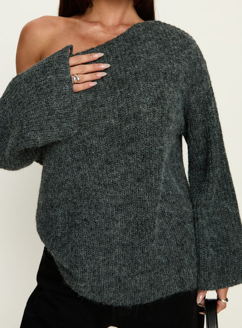 Crafted from the Delyn Off Shoulder Slouchy Knit Sweater in Black Marle, a womens jumper with short length product Princess Polly