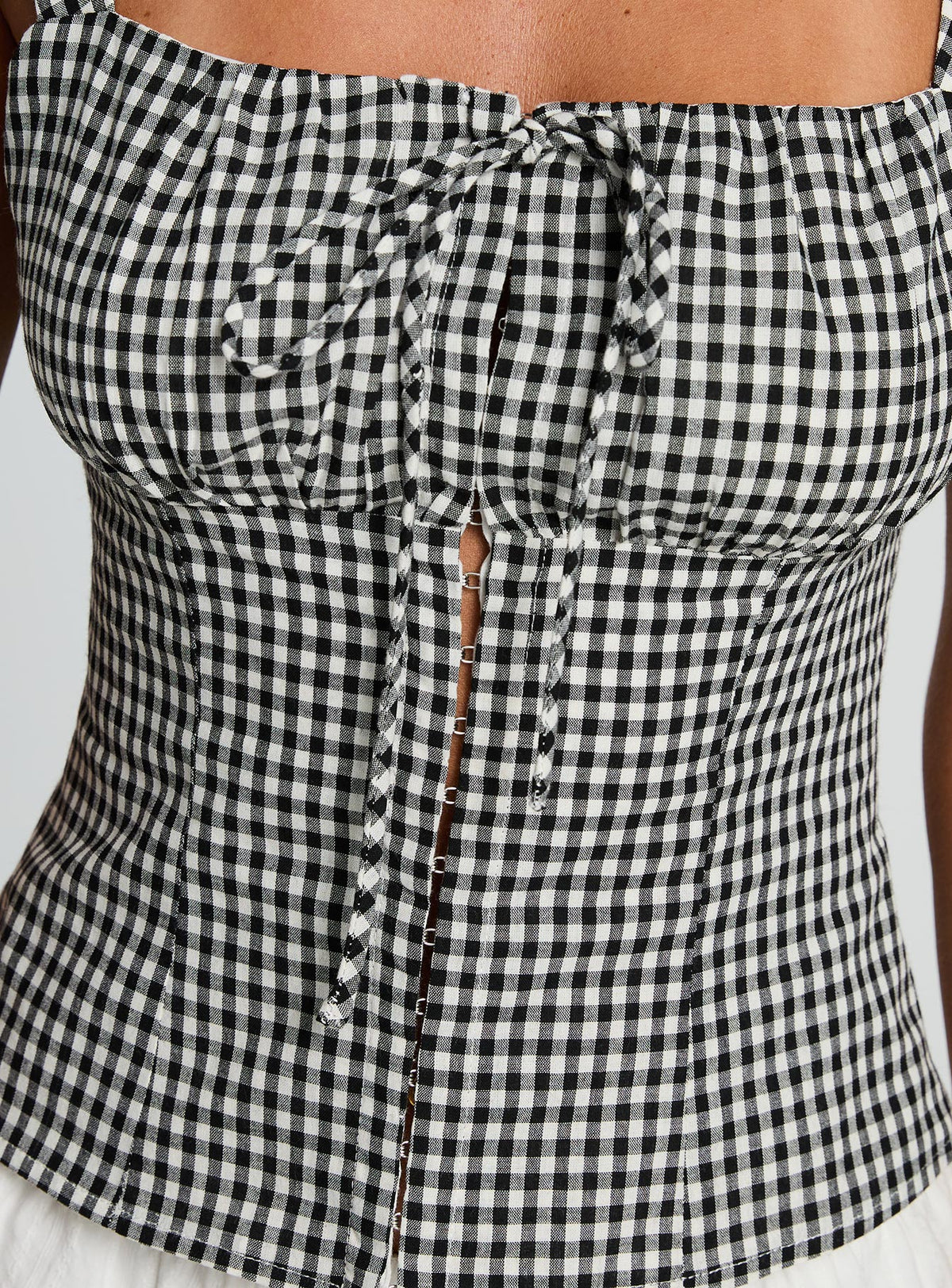 back view of model wearing Princess Polly Modern Girl Top Black Gingham Sleeveless Square Neck 
