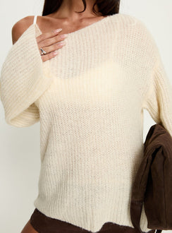 front view of model wearing Princess Polly Delyn Off Shoulder Slouchy Knit Sweater Cream Longline Jumpers Jumpers 