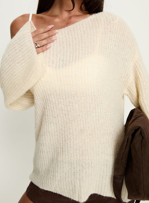front view of model wearing Princess Polly Delyn Off Shoulder Slouchy Knit Sweater Cream Longline Jumpers Jumpers 