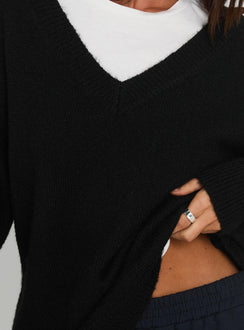 back view of model wearing Princess Polly Stay The Night V Neck Knit Sweater Black Jumpers 