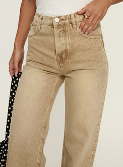 side view of model wearing Princess Polly Fawcett High Rise Straight Leg Jeans Tan High Rise Jeans Jeans 