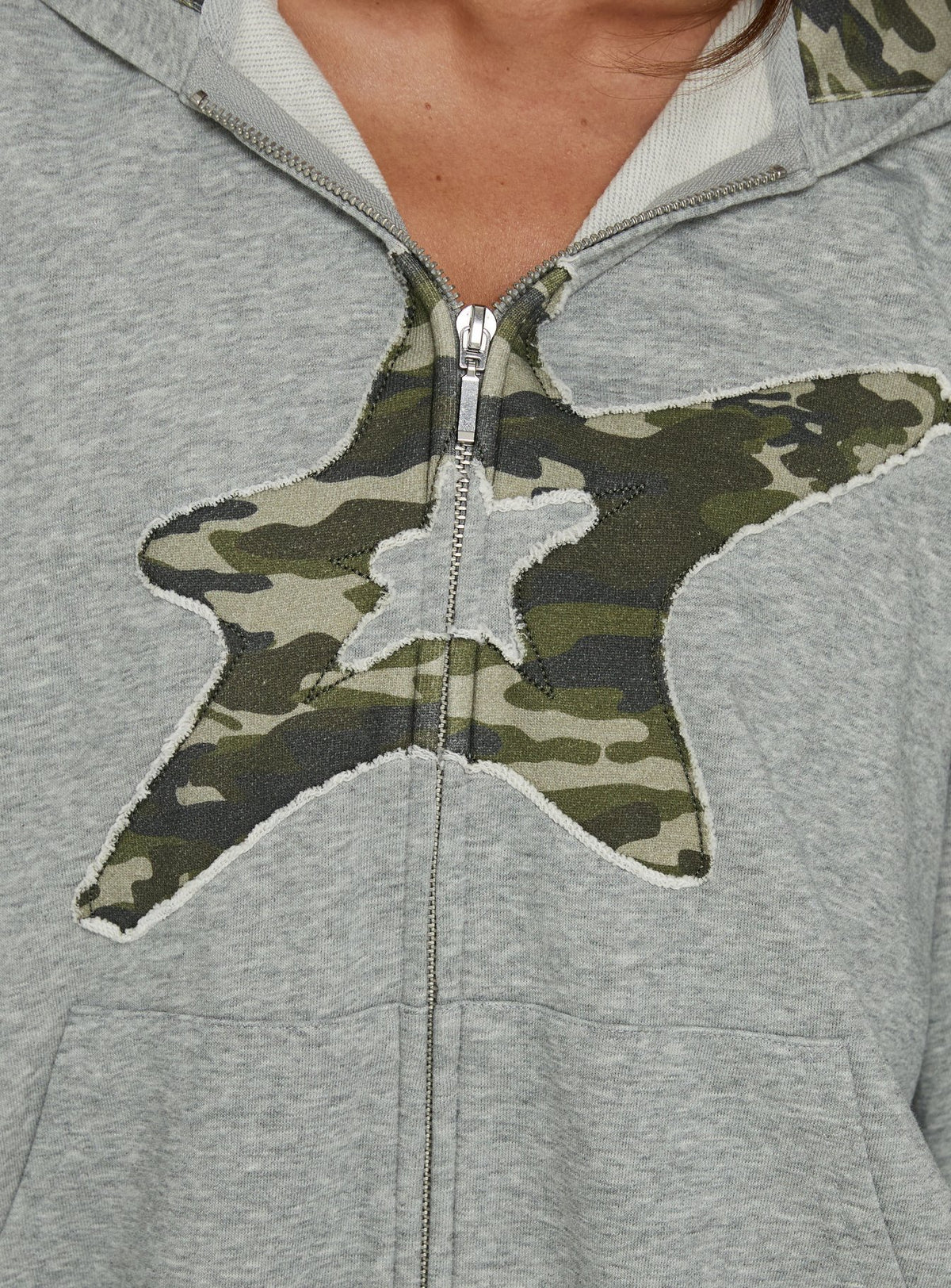 Crafted with the Chelzie Zip Through Graphic Hoodie Grey Marle / Camo in womens jumpers featuring oversized fit, hood details, camo print, and short length detail Princess Polly