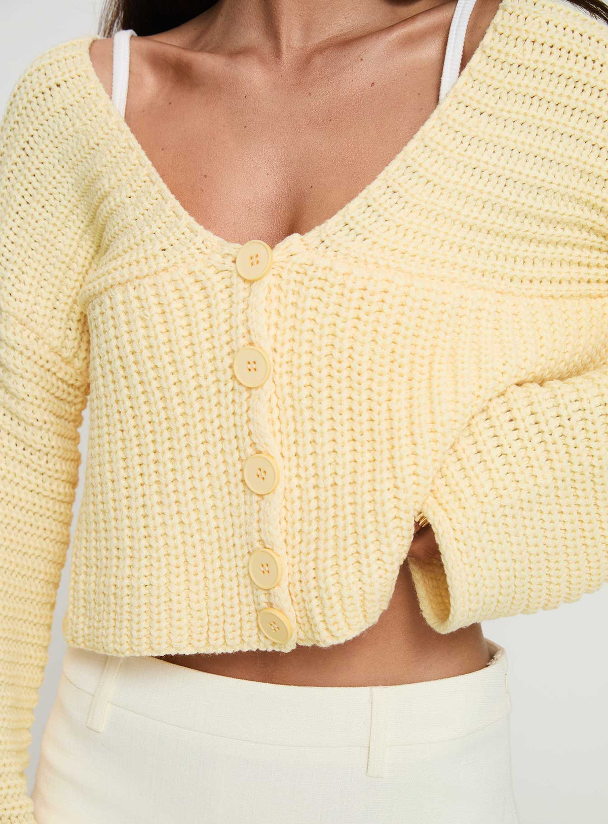 back view of model wearing Princess Polly Artha Cardigan Lemon Cropped Jumpers Jumpers 