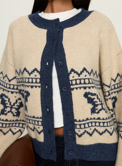 back view of model wearing Princess Polly Wynoni Alpine Knit Cardigan Beige / Navy Longline Jumpers Jumpers 