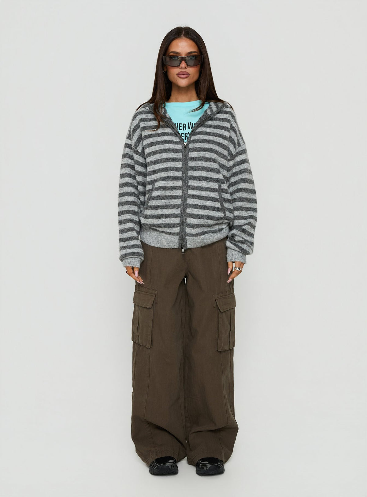 Featuring the Aubry Oversized True Knit Hoodie in Grey Stripe, a short length womens jumper with an oversized fit front view of model wearing Princess Polly