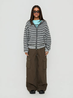 Featuring the Aubry Oversized True Knit Hoodie in Grey Stripe, a short length womens jumper with an oversized fit front view of model wearing Princess Polly