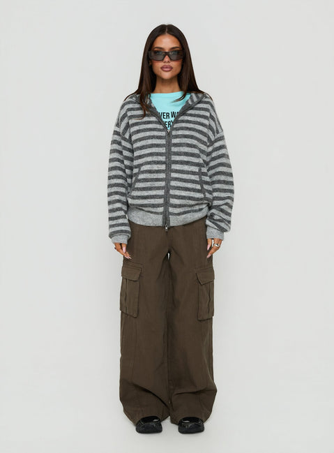 Featuring the Aubry Oversized True Knit Hoodie in Grey Stripe, a short length womens jumper with an oversized fit front view of model wearing Princess Polly