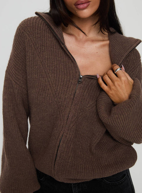 back view of model wearing Princess Polly Hertford Zip Through Knit Sweater Brown Jumpers 