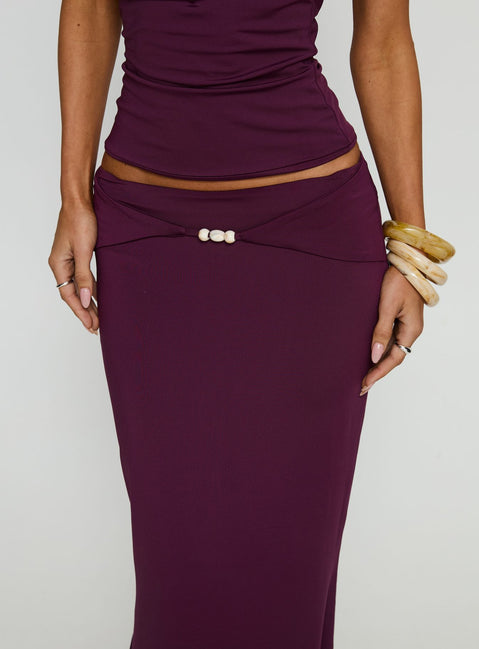 back view of model wearing Princess Polly Vanecia Maxi Skirt Purple Maxi Skirts Skirts 