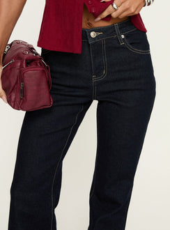 side view of model wearing Princess Polly Magic Mirror Mid Rise Bootleg Jeans Raw Indigo Mid Rise Jeans Jeans 