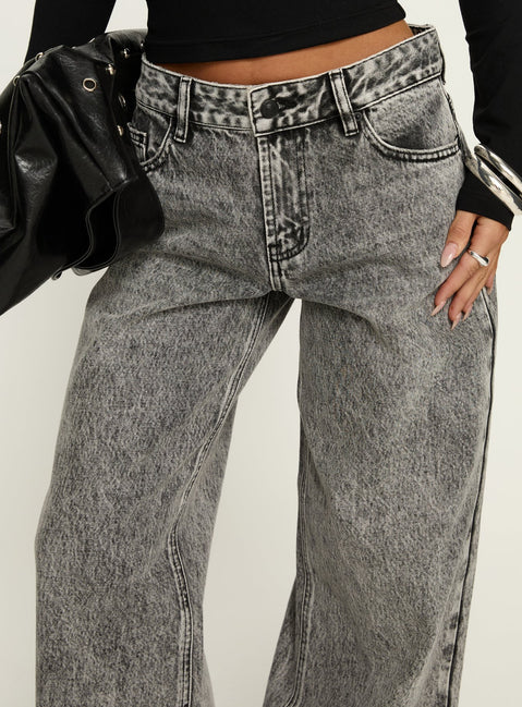 back view of model wearing Princess Polly Serenitia Mid Rise Relaxed Jeans Washed Grey Mid Rise Jeans Jeans 