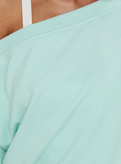 Featuring the Wellness Off The Shoulder Sweatshirt in pale turquoise womens-jumpers with oversized fit, boat neckline and short length detail view of model wearing