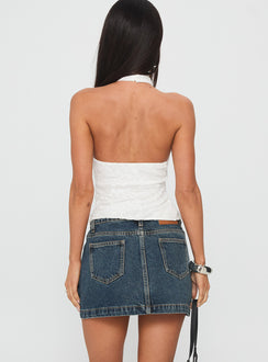 back view of model wearing Princess Polly Nickei Denim Mini Skirt Washed Blue Tall Mini Skirts Skirts 