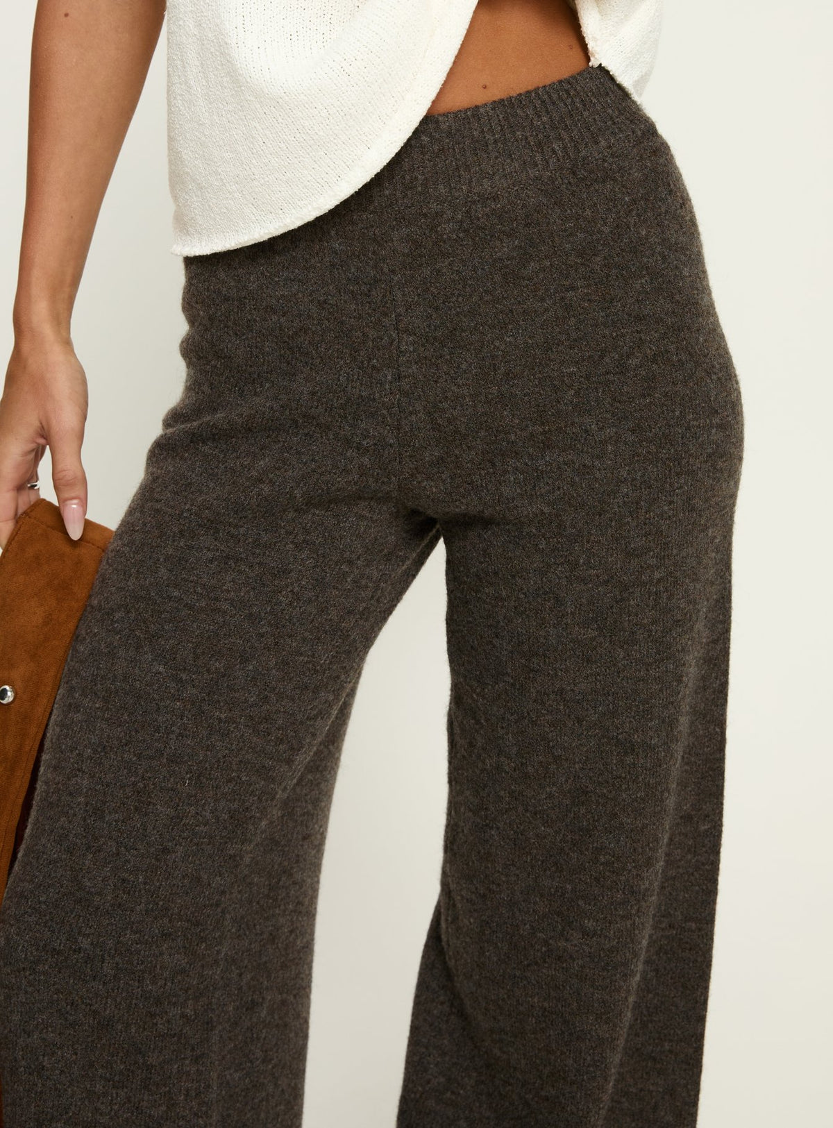 back view of model wearing Princess Polly Karee Knit Pants Brown High Rise Pants Pants 