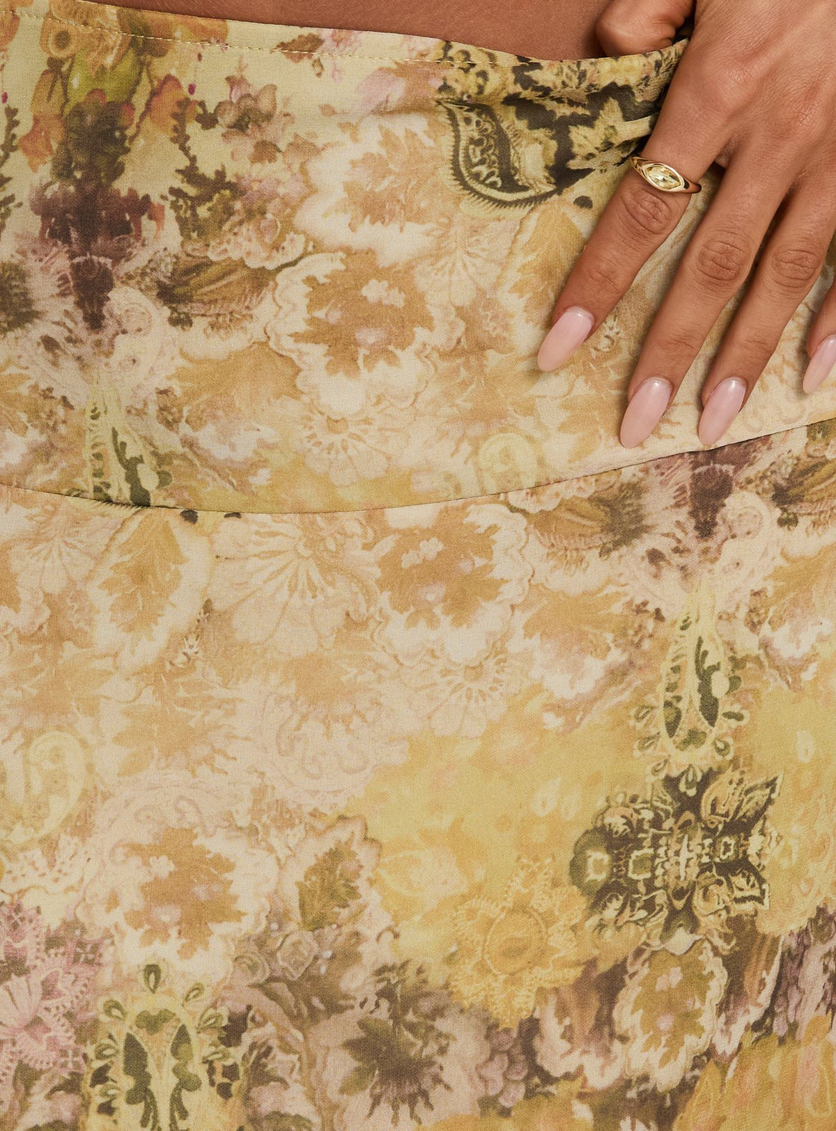 Highlighting the Daphene Asymmetrical Midi Skirt Multi in womens-skirts with abstract print close-up Princess Polly
