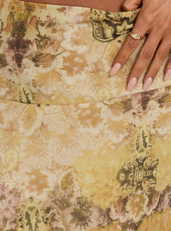 Highlighting the Daphene Asymmetrical Midi Skirt Multi in womens-skirts with abstract print close-up Princess Polly