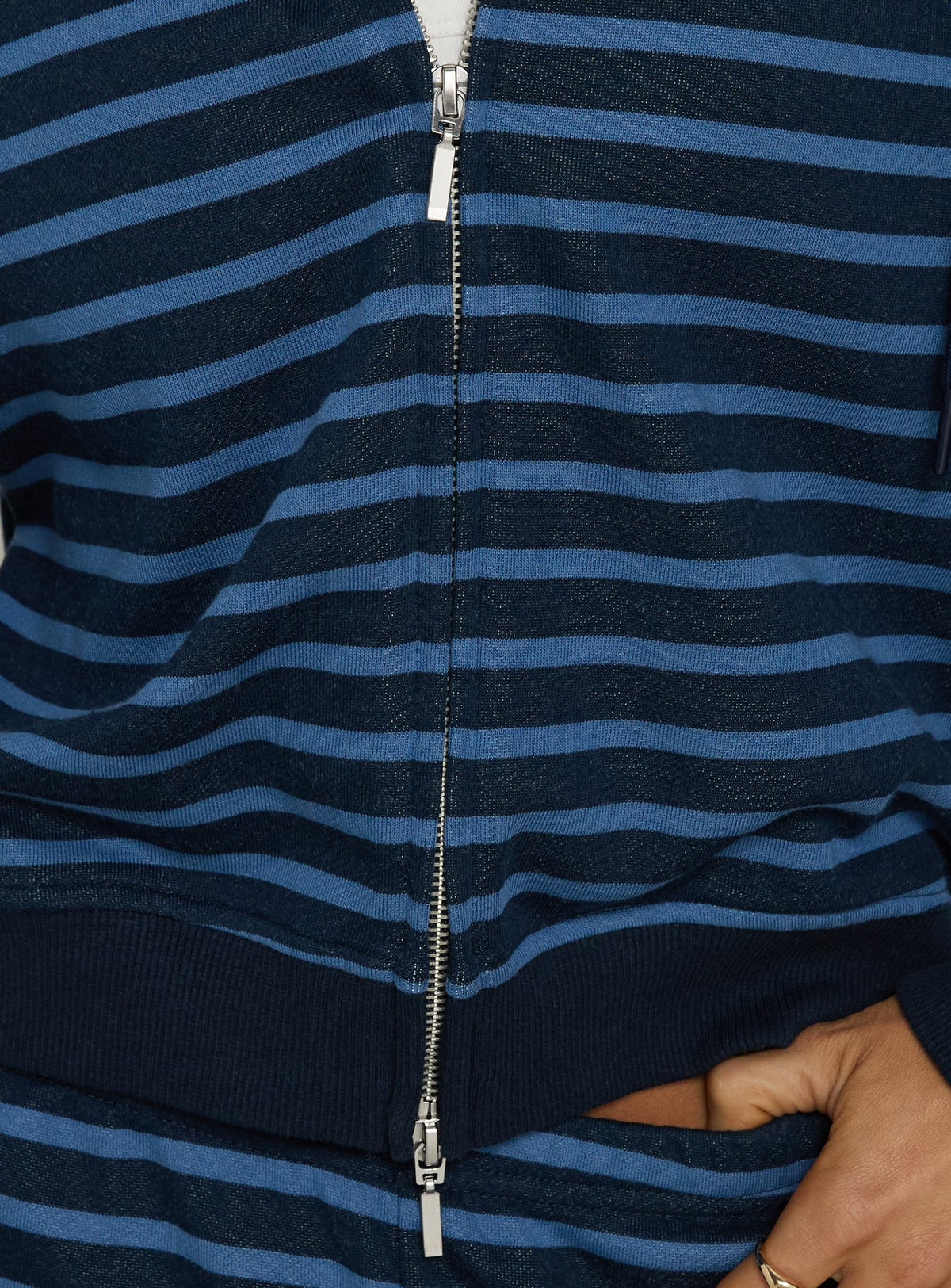 Discover the Delaeni Zip Through Hoodie Blue Stripe womens-jumpers in short length front view of model wearing Princess Polly