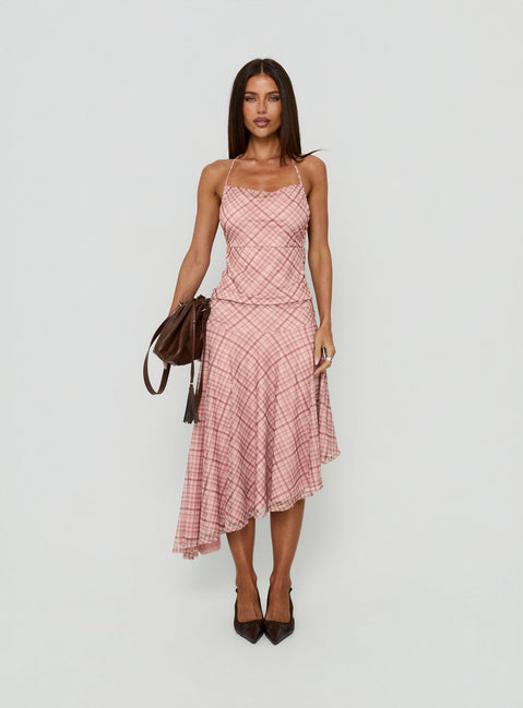 Showcasing the Waverlee Asymmetrical Midi Skirt Pink Check in womens-skirts category with fitted and ruched details front view of model wearing Princess Polly
