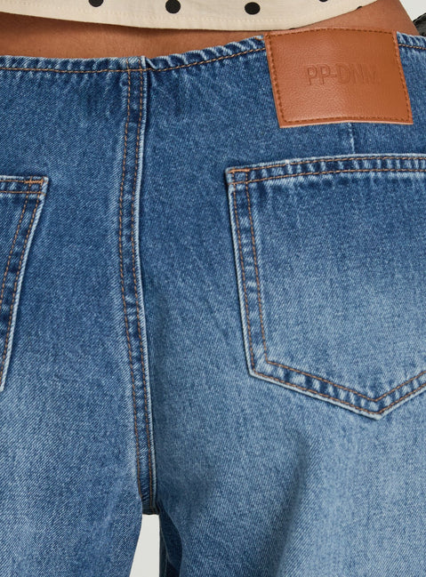 Highlighting the Roamer No Waist Low Rise Super Baggy Vintage Mid Blue womens jeans with low-rise waist and stitching detail Princess Polly