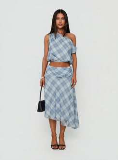 Featuring the Sabbine Asymmetrical Midi Skirt Blue Check womens-skirts with midi length on-body view Princess Polly