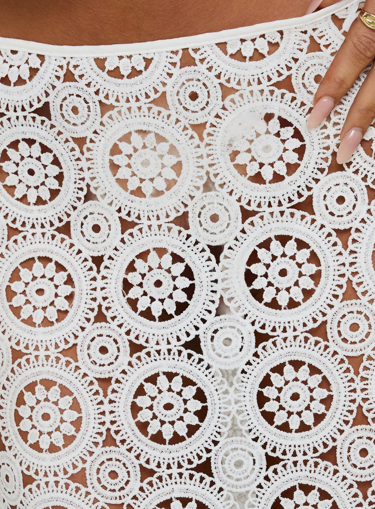 Presenting the Starting Fresh Crochet Maxi Skirt White womens-skirts featuring geometric lace details product