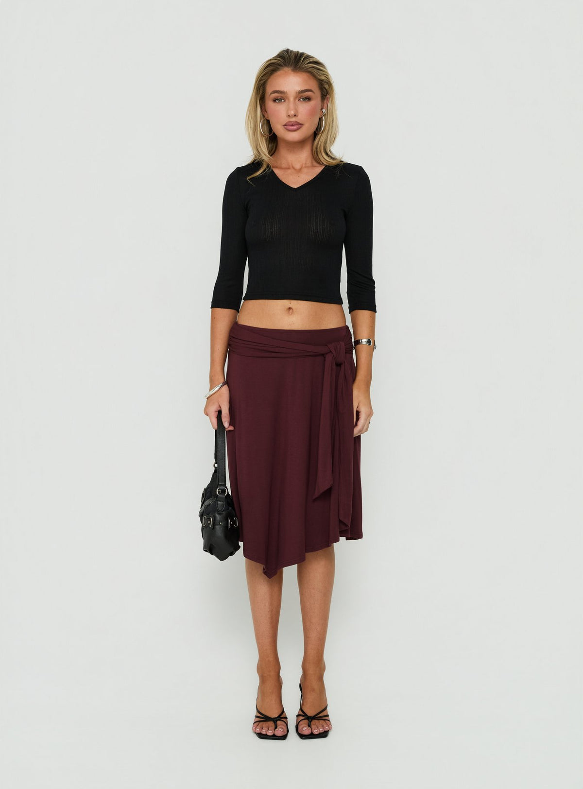 Featuring the Soft Focus Tie Waist Midi Skirt Plum Noir womens-skirts with relaxed fit Princess Polly