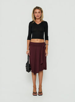 Featuring the Soft Focus Tie Waist Midi Skirt Plum Noir womens-skirts with relaxed fit Princess Polly